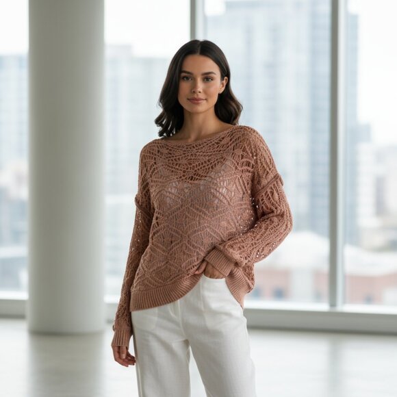 NWT $79 ELAN boho loose knit crochet sweater cinnamon M - Picture 8 of 8